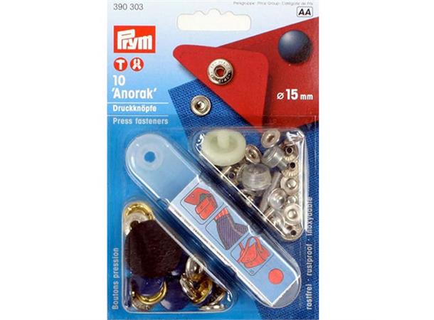 PRYM Knapper Anorakk 15 mm Blå/Sølv 10st 10 Stk. + verktøy, 15 mm Blå/Sølv 