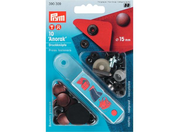 PRYM Knapper Anorakk 15 mm Antik Kobber 10 Stk. + verktøy, 15 mm Antik Kobber 