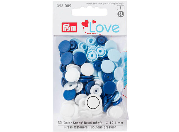 Prym Love Color Snaps 12,4mm 30stk. Plast trykknapper, Kvit/Blå blanding 