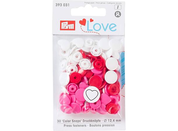Prym Love Color Snaps 12,4mm 30stk. Plast trykknapper, Kvit/Raud/Rosa/Hjerte 