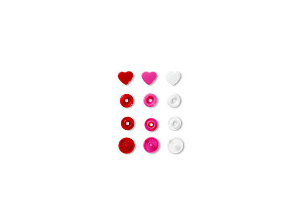 Prym Love Color Snaps 12,4mm 30stk. Plast trykknapper, Kvit/Raud/Rosa/Hjerte 