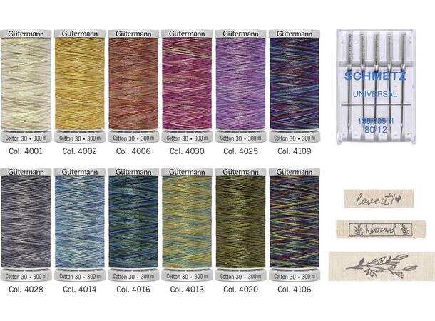 Gütermann Cotton 12stk. 300m ass.+ div. 12stk. ass. 100m bomulstråd+ nåler+label 