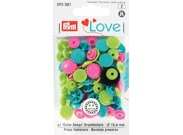 Prym Love Color Snaps 12,4mm 30stk. Plast trykknapper, Rosa/grønn/Blå/Smil 