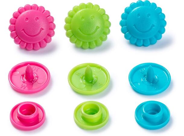 Prym Love Color Snaps 12,4mm 30stk. Plast trykknapper, Rosa/grønn/Blå/Smil 