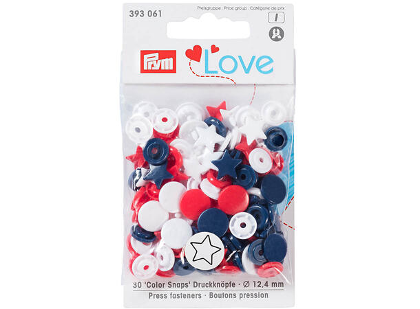 Prym Love Color Snaps 12,4mm 30stk. Plast trykknapper, Raud/Blå/Kvit/Stjerne 