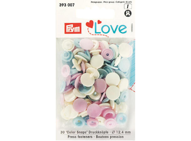 Prym Love Color Snaps 12,4mm 30stk. Plast trykknapper, Lys-Blå/Rosa/Perle 
