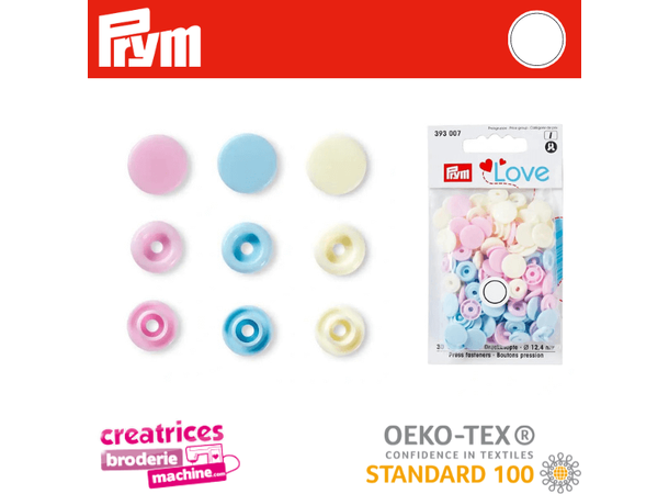 Prym Love Color Snaps 12,4mm 30stk. Plast trykknapper, Lys-Blå/Rosa/Perle 