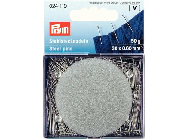 PRYM Knappenåler i stål m/nålepute Str. 30 x 0,60 mm, 50gr i esken 